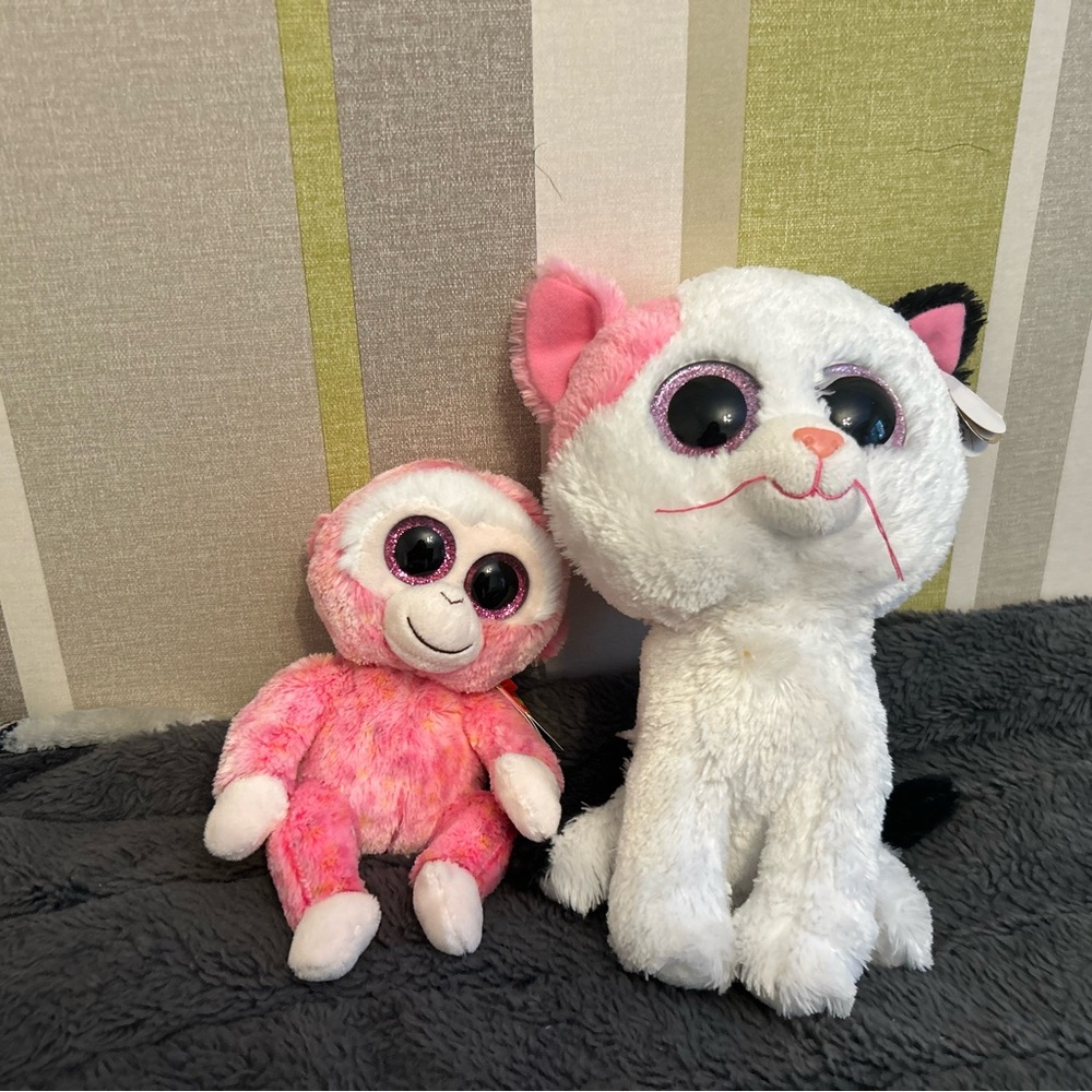 Lot of 2 Ty Beanie Boos - Muffin the Cat (9") & Ruby the Monkey (6") - Retired